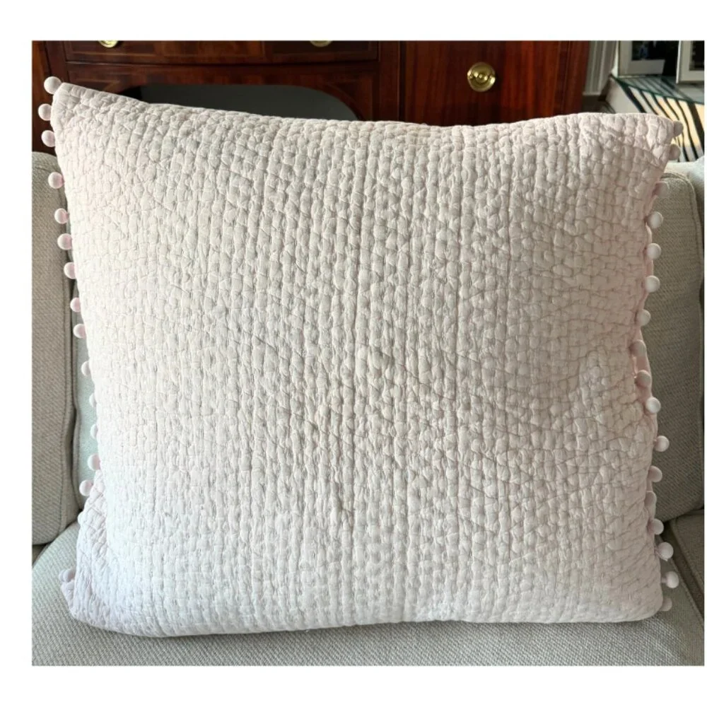 Serena & Lily Pink Quilted Euro Shams with Pom Poms (2) - Picture 2 of 5